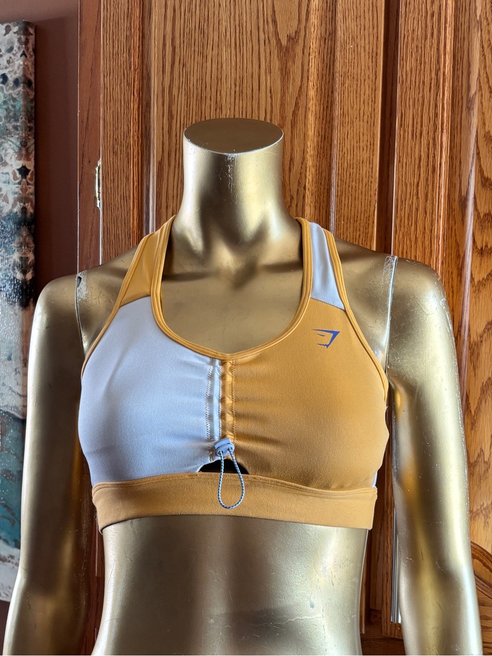 Gymshark Two-Tone Gold and White Adjustable Front-Ruched Sports Bra
